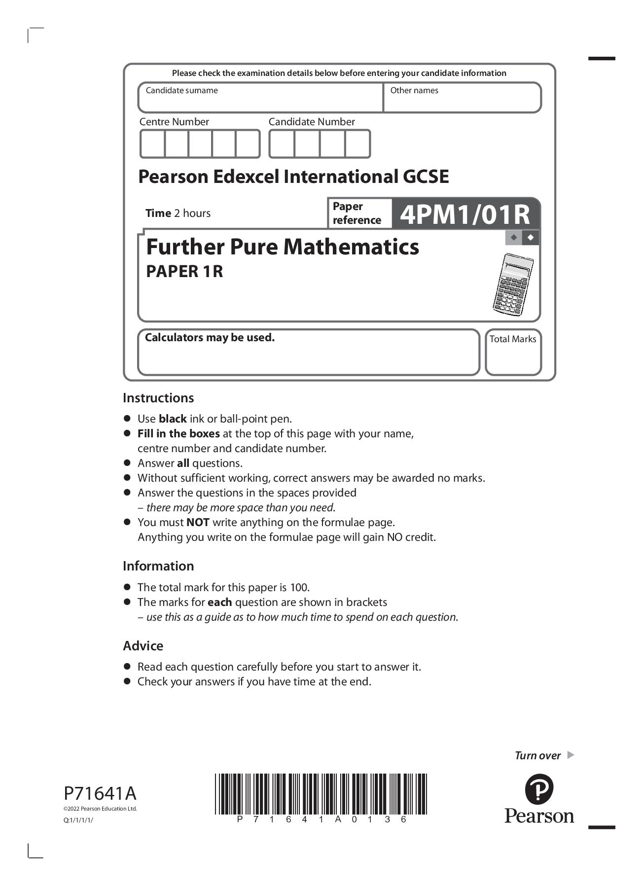 Preview image for 2022 pearson june booklet + mark scheme Edexcel International GCSE  4PM1/01R  Further Pure Mathematics PAPER 1R
